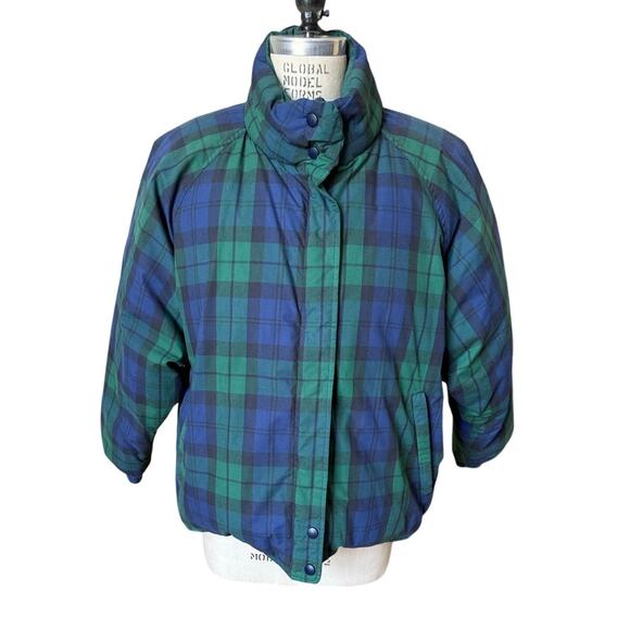 Eddie Bauer Reversible Green & Navy Tartan Down Puffer Jacket Size Medium